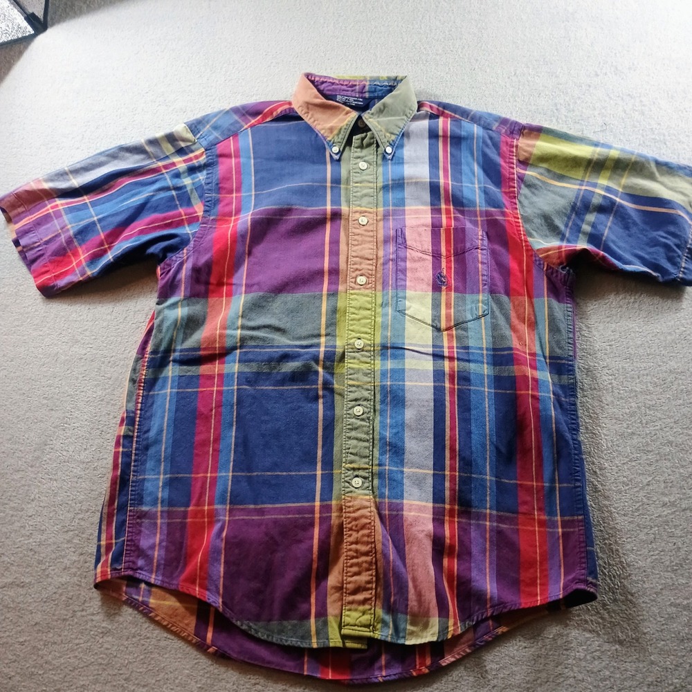 Nautica Mens Short Sleeve Button Down Multi-Color Plaid Medium Embroidered Logo